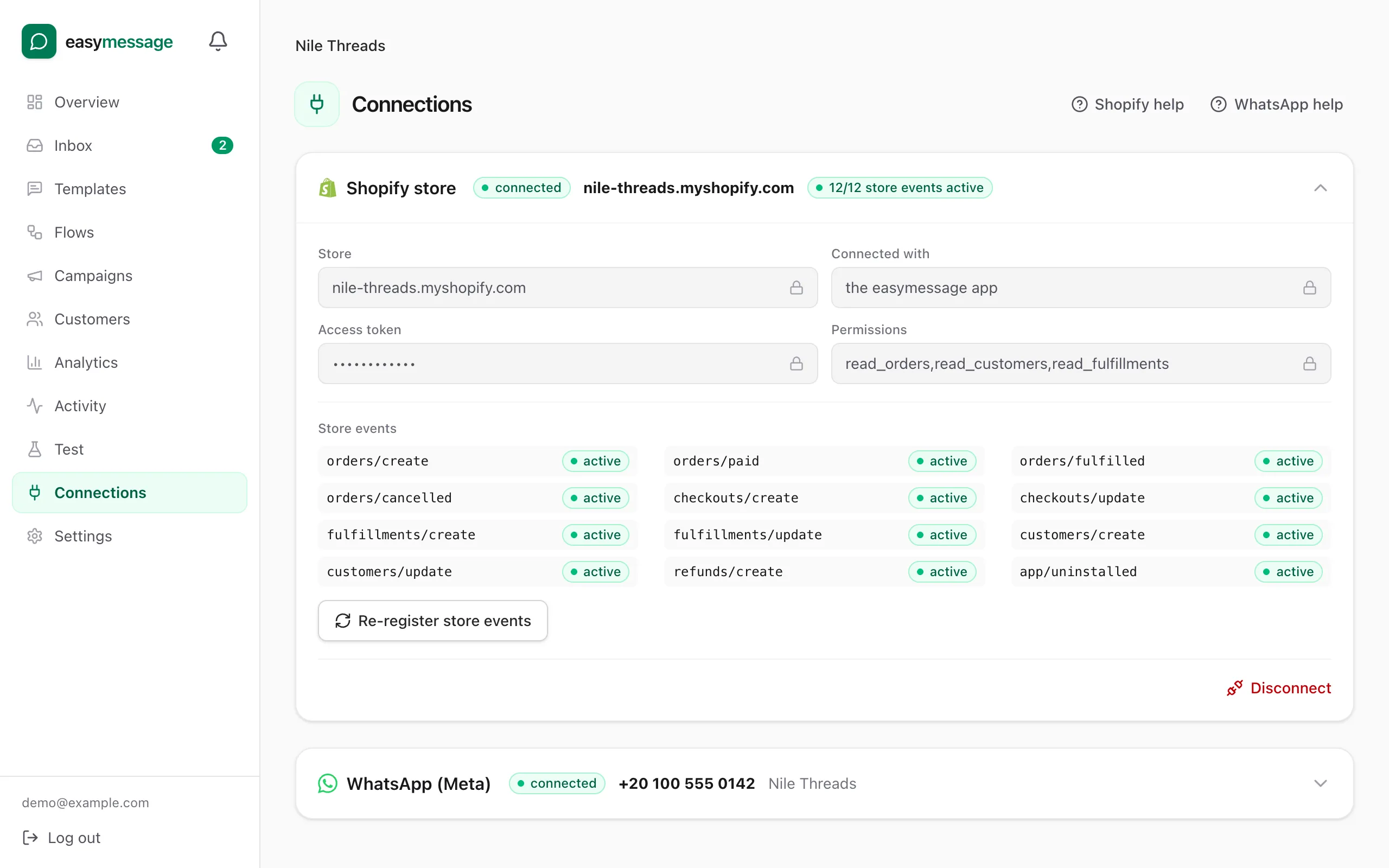 The Connections page with a connected Shopify store and the list of store events