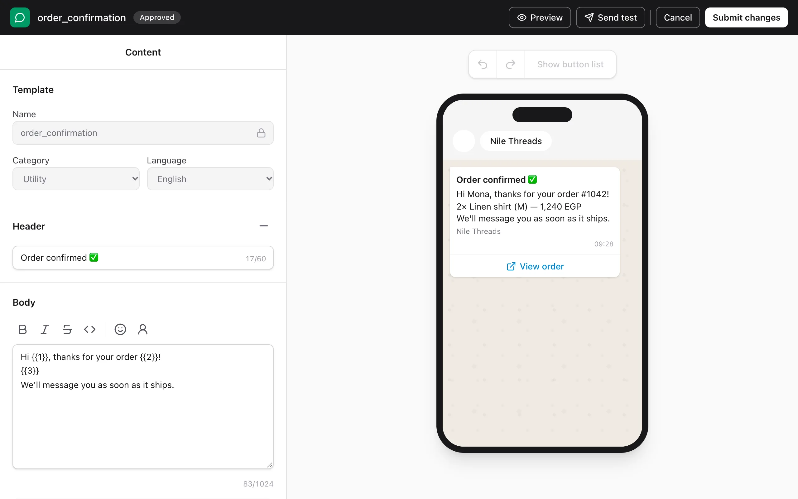 The template editor with a live WhatsApp phone preview